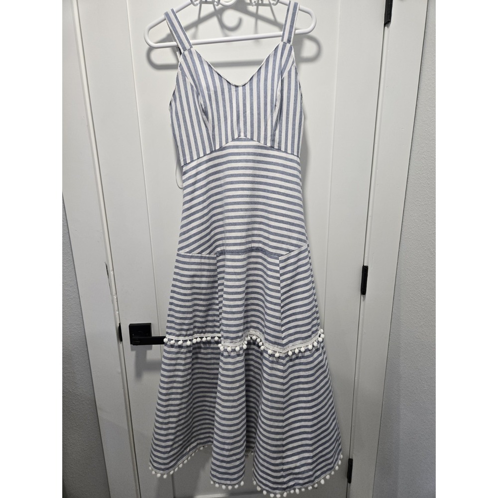 Boston Proper Preppy Boho Beach Blue and White Striped Pom-Pom Trim Dress XS‎